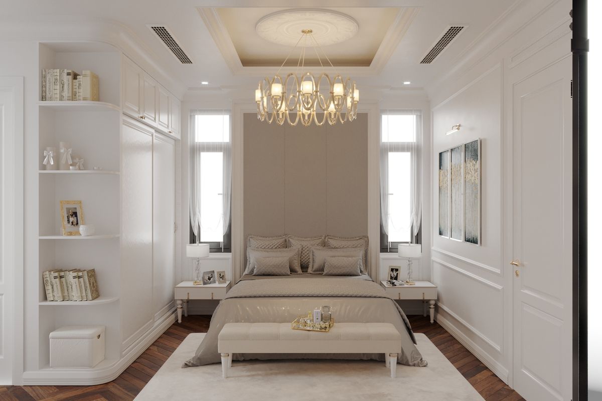 Thiết kế phòng ngủ ấn tượng, tông màu trắng tinh khiết kết hợp với đèn trần mang lại cảm giác sang trọng.