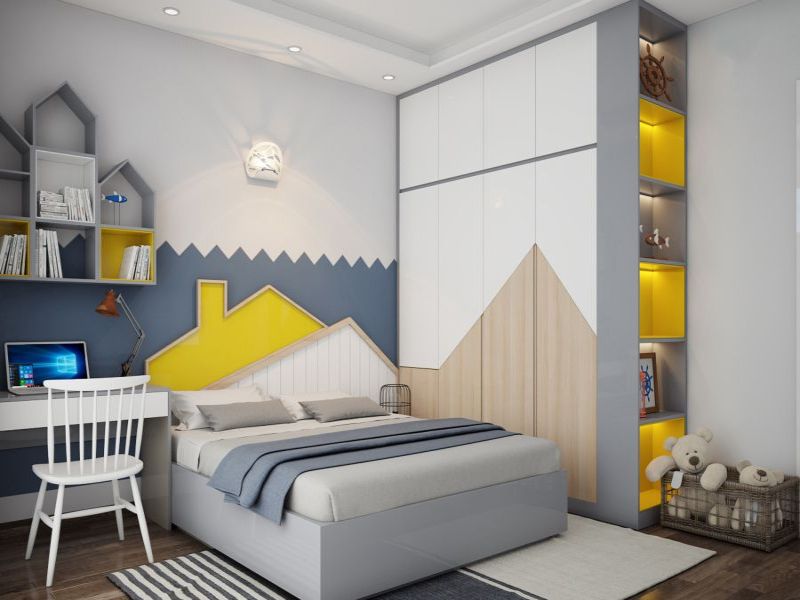 Phòng ngủ bé trai hiện đại và độc đáo với gam màu trắng-vàng-xanh hiện đại