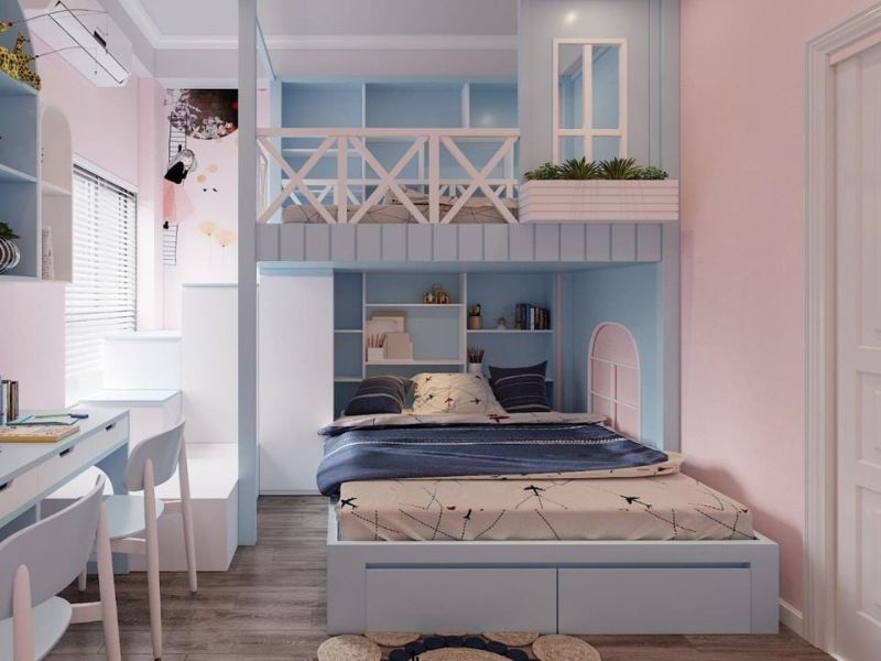 Giường tầng độc đáo, rộng rãi tạo không gian riêng tư cho 2 bé